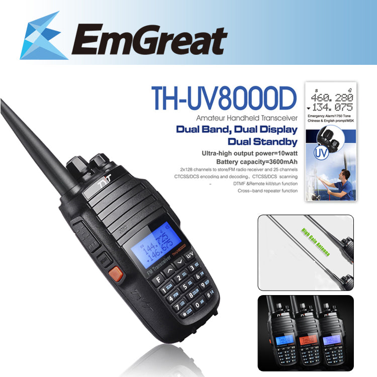 TYT TH-UV8000D Ultra-high 3600mAh 10W Handheld Transceiver Walkie Talkie Dual Band Display Standby US Plu +High Gain Antenna