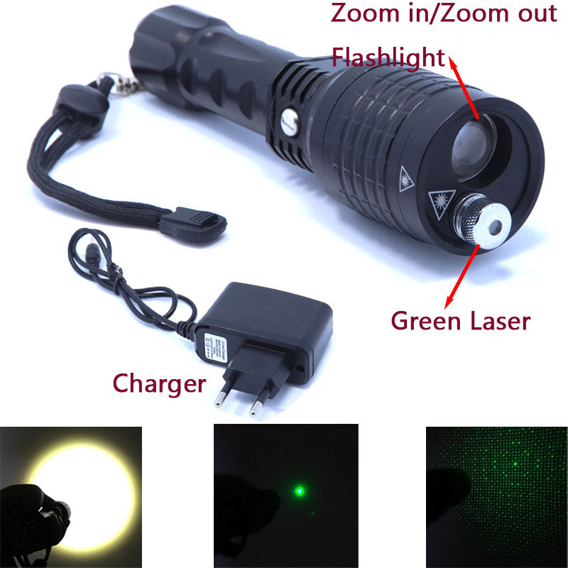 2016 new 2 in 1 Flashlight and green laser zoomble high power led flashlight laser Pointer  with Charger