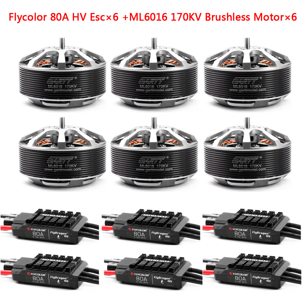 GARTT 6pcs ML 6016 170/310 KV Brushless Motor+6pcs Flycolor 80A HV Brushless ESC For Plant Protection Operations Hexacopter